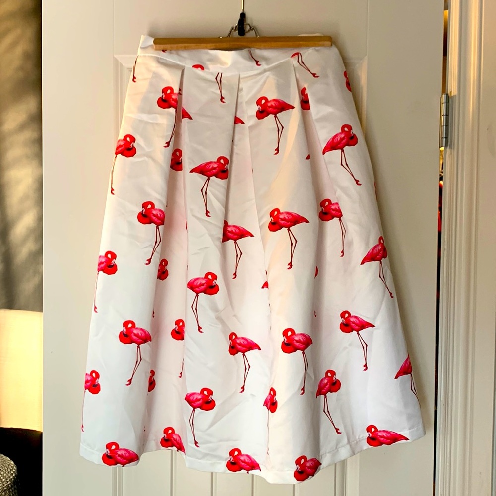 Knee length white pink flamingo skirt